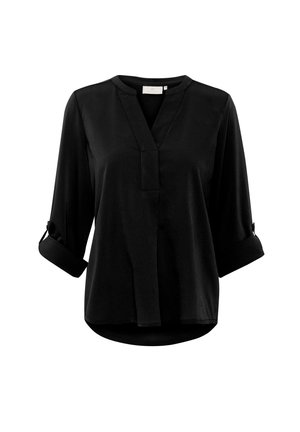Black short-sleeve blouse with a V-neck, tab details on sleeves, and a curved hem. Made from a smooth, lightweight fabric.
