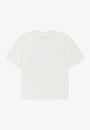 Hvid bomulds-T-shirt med rund hals, korte ærmer og løs pasform. Glat tekstur uden mærkbare mønstre eller detaljer.