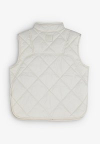 Gilet matelassé de couleur crème, doté d'un col montant, d'une couture arrière simple et d'une étiquette au cou. Texture lisse avec un motif en losanges.