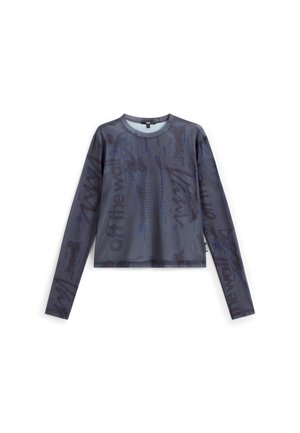 Langmouw shirt in donkergrijs met blauwe abstracte patronen. Ronde halslijn, lichte stof, relaxed fit, en een label aan de onderzijde.