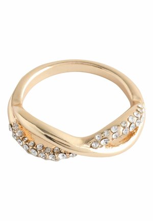 Gold-colored ring with a square-shaped band, decorated with small clear crystals on two opposite sides.
