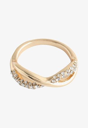 Gold-colored ring with a square-shaped band, decorated with small clear crystals on two opposite sides.