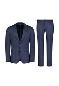 Marineblauw kostuumset bestaande uit een blazer met twee voorzakken en bijpassende rechte broek. Gladde textuur met subtiele patroon details.
