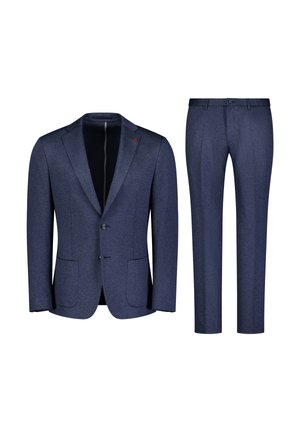 Completo blu navy composto da blazer con due tasche frontali e pantaloni abbinati a taglio dritto. Tessuto liscio con dettagli sottili a motivo.