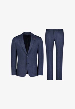 Completo blu navy composto da blazer con due tasche frontali e pantaloni abbinati a taglio dritto. Tessuto liscio con dettagli sottili a motivo.