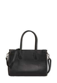 Zwarte leren tote bag met een textuurafwerking, twee bovenhandvaten en een afneembare schouderriem. Beschikt over een eenvoudig, gestructureerd ontwerp.