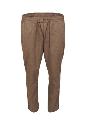 Pruunid vabaaja püksid elastse vöökoha, nööpklapi ja paelaga, valmistatud tekstuurse kangaga.
