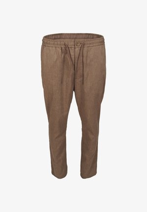 Ruskeat rennot housut, joissa on joustava vyötärönauha, nappikiinnitys ja kiristysnyöri, valmistettu teksturoidusta kankaasta.