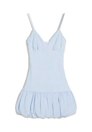 Hellblau-weiß gestreiftes, ärmelloses Kleid mit Spaghetti-Trägern und gesammeltem Bubble-Saum.