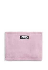 Puma-Sportkopfbedeckung aus weichem rosa Fleece mit einem schwarzen Etikett, das den Markennamen zeigt, rechteckiger Form und glatter Textur.
