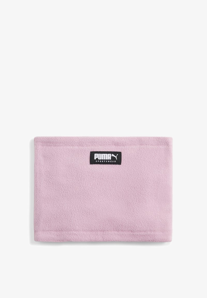 Opaska sportowa Puma z miękkiego różowego polaru z czarną metką z nazwą marki, w kształcie prostokąta i gładkiej fakturze.