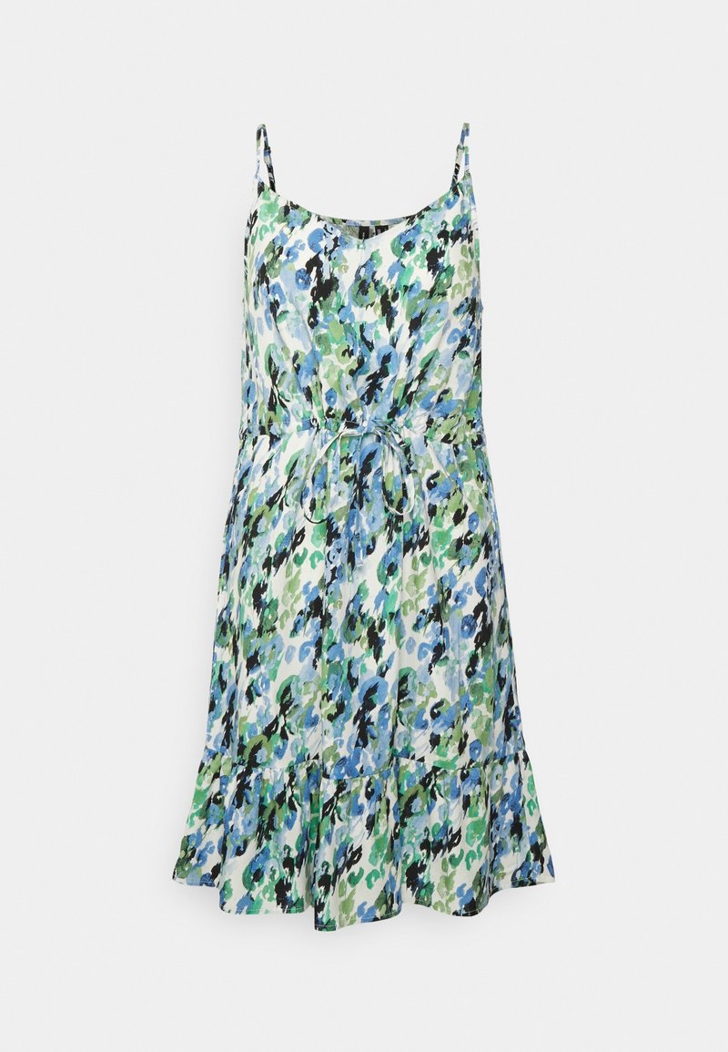 Robe sans manches longueur genou avec motif floral bleu, vert, noir et blanc, ceinture ajustable à la taille et ourlet volanté.