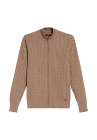 Brązowy robiony na drutach kardigan z zamkiem błyskawicznym z przodu, z wzorem w warkocze oraz ściągaczami u rękawów i na dole. Lekka tkanina o gładkiej fakturze.