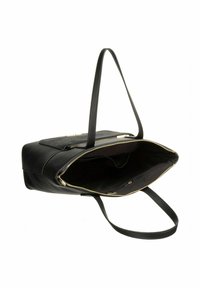 Sac à main en cuir noir avec une finition texturée, une fermeture éclair dorée et un intérieur spacieux doté d'une doublure sombre et d'une poche intérieure.