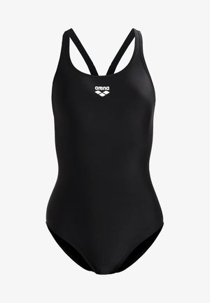 Maillot de bain une pièce noir avec des fines bretelles croisées. Fabriqué en tissu lisse et extensible. Présente un logo blanc sur la poitrine.