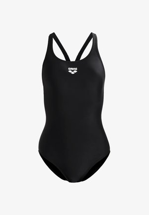 Černé jednodílné plavky s tenkými kříženými ramínky. Vyrobeno z hladkého, elastického materiálu. Na hrudi se nachází bílé logo.