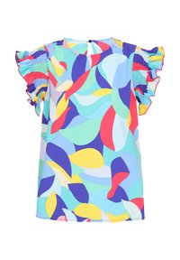 Kurzärmlige Bluse mit einem bunten abstrakten Muster, das grüne, blaue, rote und gelbe Formen zeigt. Mit Rüschenakzenten und voluminösen Ärmeln.