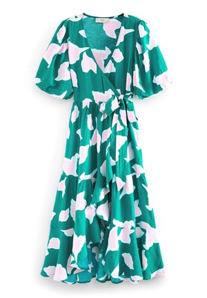 Grünes Wickelkleid mit pinkem Blumenmuster, Puffärmeln, V-Ausschnitt, Taillenschleife und gestuftem Rüschensaum.