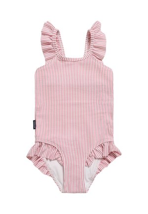 Pink and white striped toddler swimsuit with ruffled shoulder straps and leg openings, featuring a small black side tag.