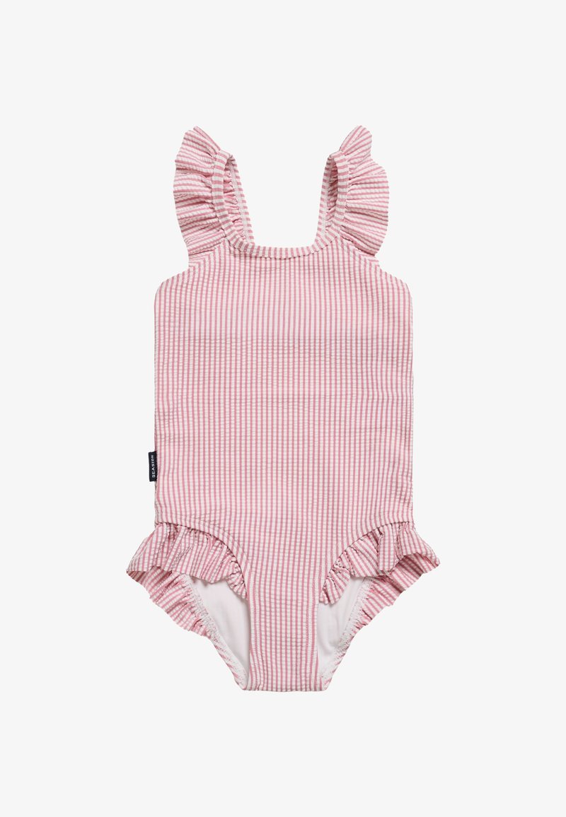 Maillot de bain à rayures roses et blanches pour tout-petit avec bretelles volantées aux épaules et ouvertures aux jambes, avec une petite étiquette noire sur le côté.