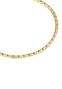 Ogrlica iz zlato-toniranega kovine z medsebojno povezanimi ovalnimi povezavami, ki ima gladko teksturo in subtilen lesk, leži na beli podlagi.