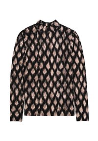 Langemouwen top met een hoge hals, zwarte stof met een beige en roze ruitpatroon, zachte textuur en aansluitende pasvorm.
