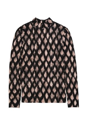 Top de manga larga con cuello simulado, tejido negro con un patrón de diamantes en beige y rosa, textura suave y silueta ajustada.