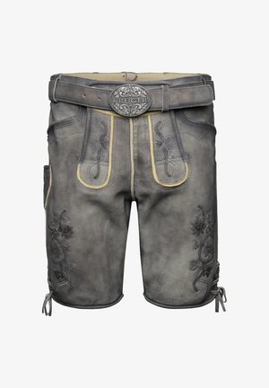 Lederhorts in grauer Farbe mit gelben Besätzen, floralen Stickereien, seitlichen Taschen und einer dekorativen silbernen Schnalle.