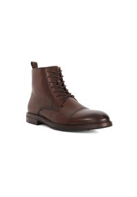 Brown leather ankle boots with a rounded toe, lace-up front, and circular stitching detail on the cap toe. Features a pull tab for ease of wear.