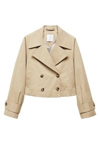 Giacca beige cropped doppiopetto con ampie rever, polsini con bottoni e due tasche anteriori.