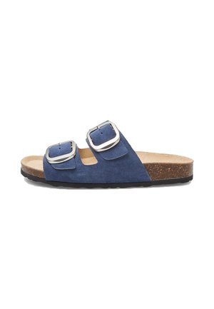 Sandalo slide blu in suede con due fibbie argentate regolabili, sottopiede in sughero e suola nera texturizzata. Design semplice open-toe.
