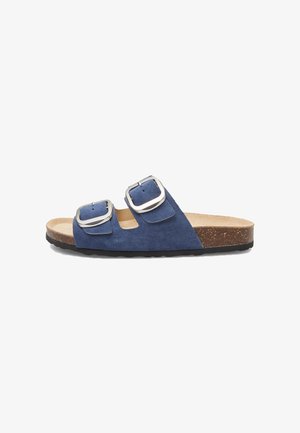 Sandalo slide blu in suede con due fibbie argentate regolabili, sottopiede in sughero e suola nera texturizzata. Design semplice open-toe.