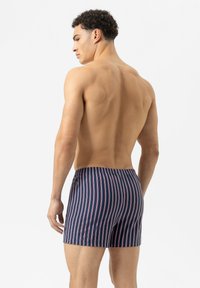 Marine zwemshorts met verticale rode strepen, een elastische tailleband en een casual pasvorm, die een gladde stof en eenvoudig ontwerp laten zien.