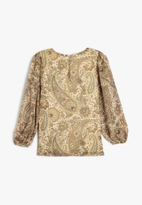 Bluse med paisley mønster i beige, brun og teal. Har puffede ærmer og en rund rygudskæring med knaplukning. Glat tekstur.