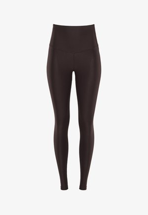 Kõrge vöökoha ja täispikkusega tumepruunid leggingud, mis on siledad ja ilma õmblusteta ning millel on külgedele sobivad sääred.