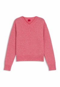 Rosa V-Ausschnitt-Pullover mit langen Ärmeln. Gerippte Bündchen und Saum, aus strukturiertem Strickstoff, mit einem dezenten gesprenkelten Muster.