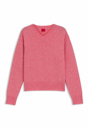 Maglione rosa a V con maniche lunghe. Polsini e orlo a coste, realizzato in tessuto lavorato a maglia testurizzato, con un sottile motivo a macchie.