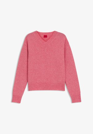 Rosa V-Ausschnitt-Pullover mit langen Ärmeln. Gerippte Bündchen und Saum, aus strukturiertem Strickstoff, mit einem dezenten gesprenkelten Muster.