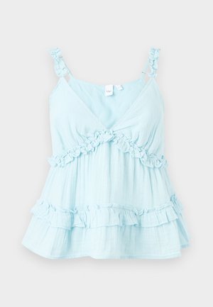 Hellblaues Tanktop mit Rüschen-Trägern und einer hohen Rüsche am Saum. Hergestellt aus leichtem Stoff mit einem Schichtendesign.