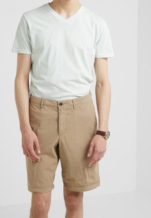 Lichtblauwe v-hals t-shirt gecombineerd met beige katoenen shorts. De shorts hebben een knoopsluiting en een casual pasvorm, met een gladde textuur.