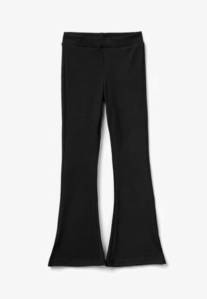 Schwarze, ausgestellte Leggings aus Rippstoff mit einem elastischen Bund und genähten Seitennähten für eine taillierte Silhouette.