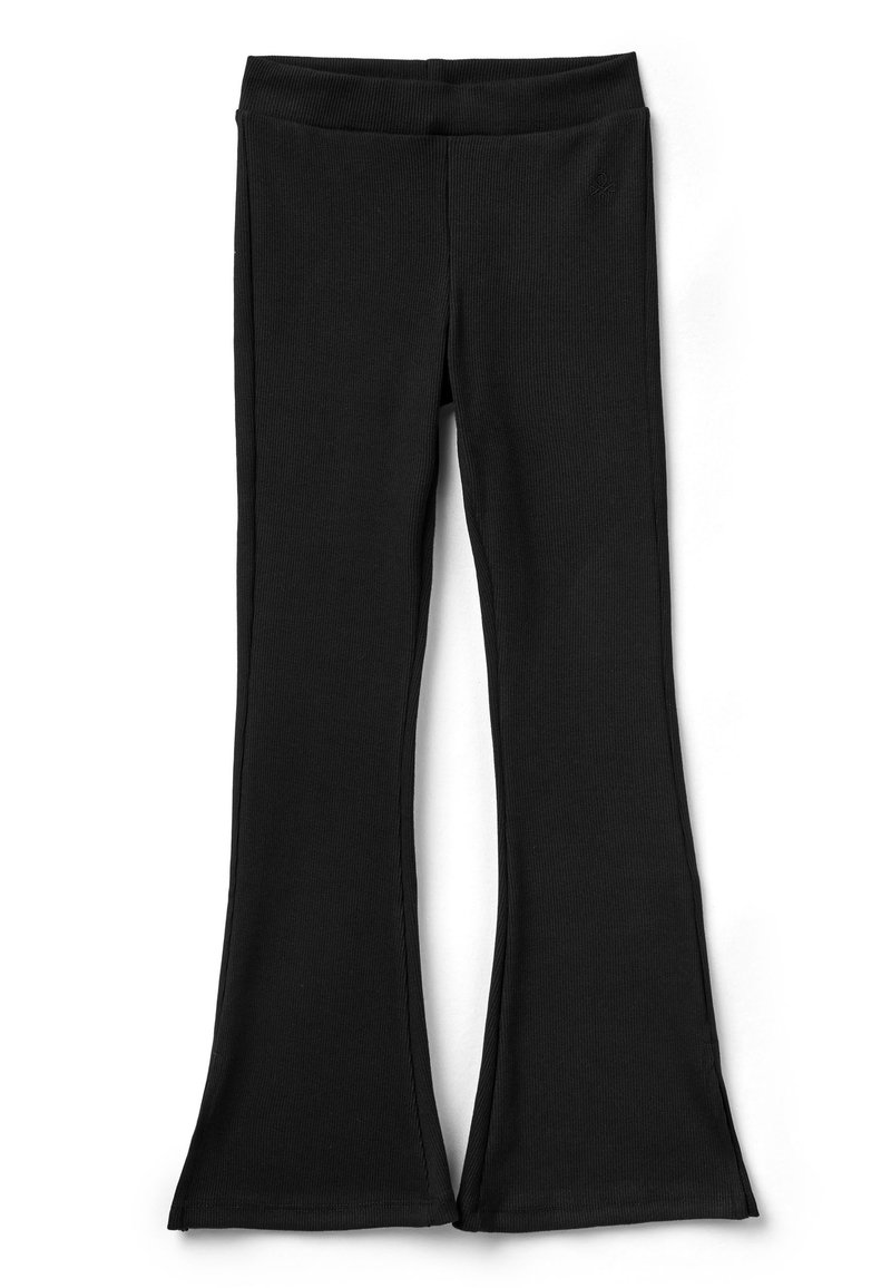 Czarne legginsy w kant, wykonane z żebrowanej tkaniny, z elastycznym pasem i zszytymi bocznymi szwami dla dopasowanego kroju.