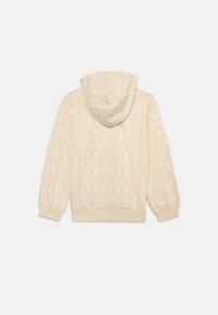 Beige hooded sweatshirt with an all-over repeated "GUESS" logo pattern, ribbed cuffs, and waistband, featuring a kangaroo pocket.