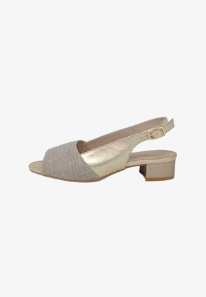Sandali con tacco a blocco beige, con cinturino alla caviglia, realizzati in un tessuto texturizzato e con accenti metallizzati dorati. Tacco basso e cinturino alla caviglia regolabile per una migliore vestibilità.