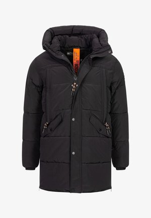 Giacca a vento nera con cappuccio, dotata di una zip frontale, numerose tasche esterne e dettagli con cordino. Tessuto strutturato con design trapuntato.