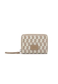 Portefeuille beige et blanc à motif avec fermeture éclair, accents en cuir et plaque logo. Comprend une lanière pour poignet pour un transport facile.