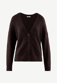Gilet marron foncé en matériau doux, avec un décolleté en V profond, des manches longues, cinq boutons noirs et une coupe décontractée.