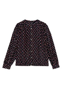 Blusa navy con motivo a diamante in rosso e crema, maniche lunghe, chiusura con bottoni e dettagli arricciati sulle spalle. Tessuto morbido.