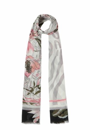 Leichte Schleife mit floralem Muster in Pink und Grün auf weißem Hintergrund, mit einem schwarzen Akzent an den Enden und einer strukturierten Oberfläche.