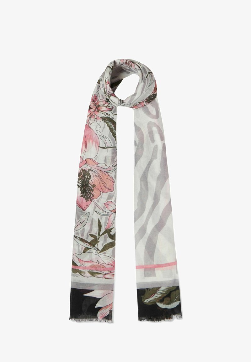 Écharpe légère ornée d'un motif floral rose et vert sur fond blanc, avec un accent noir aux extrémités et une finition texturée.